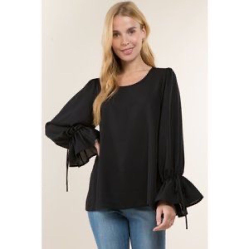Ruffle Tie Sleeve Loose Fit Blouse Black 1X